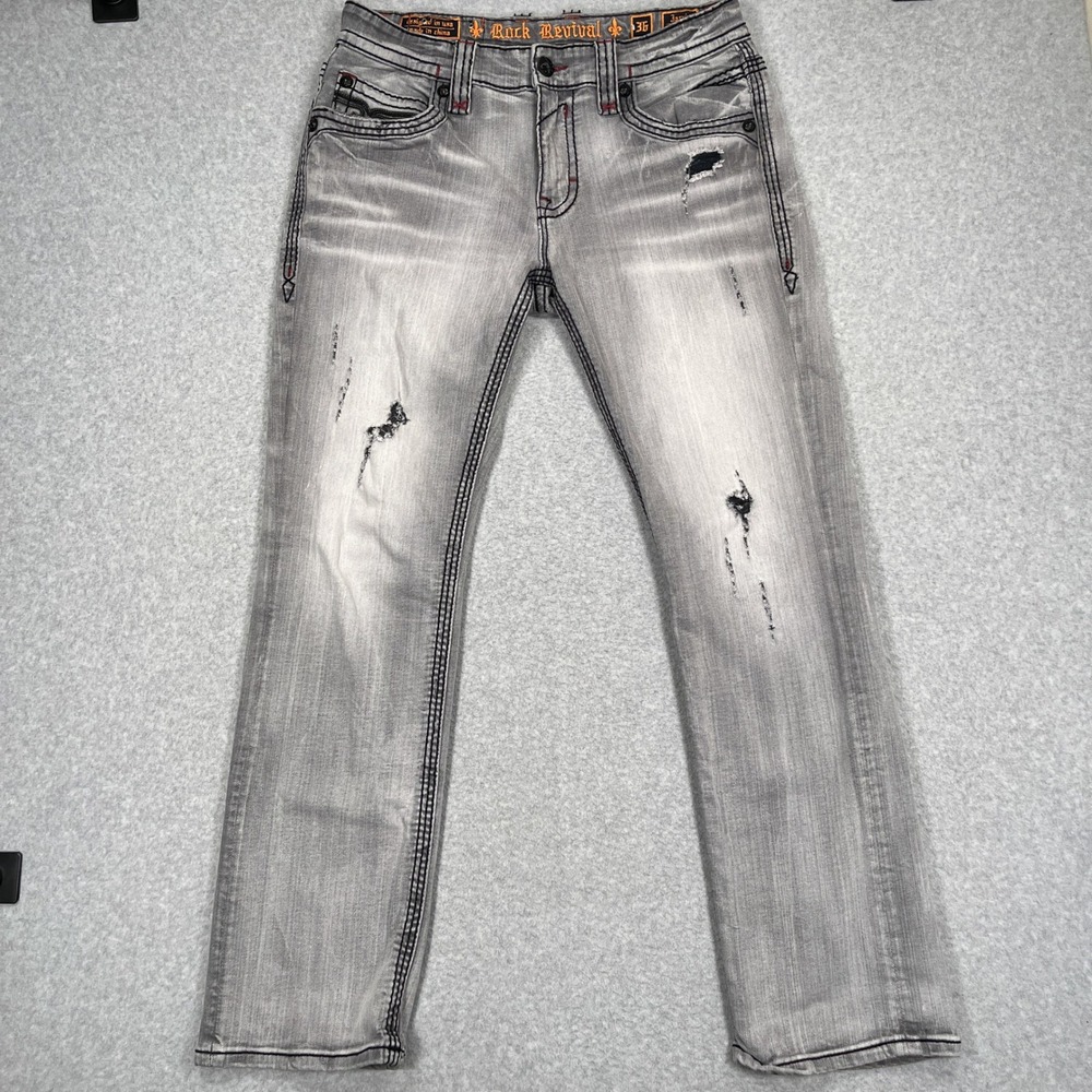 Rock Revival Jarvis Slim Straight Jeans Mens 36 (34x33) Gray Distressed Fleur